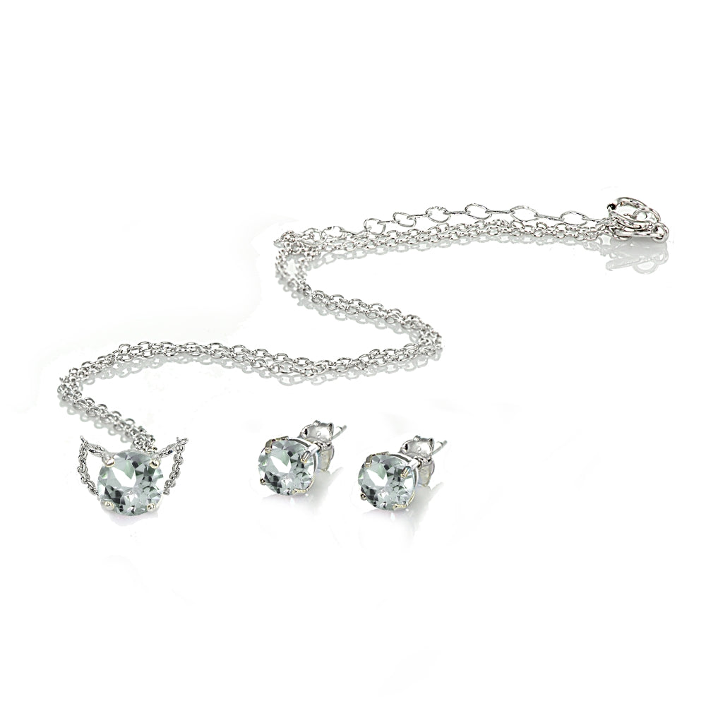Sterling Silver Aquamarine Round Solitaire Choker Necklace and Stud Earrings Set-2