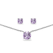 Sterling Silver Amethyst Round Solitaire Choker Necklace and Stud Earrings Set