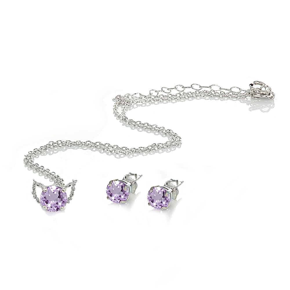 Sterling Silver Amethyst Round Solitaire Choker Necklace and Stud Earrings Set-2