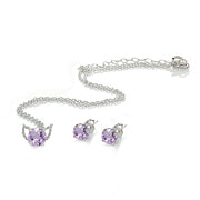 Sterling Silver Amethyst Round Solitaire Choker Necklace and Stud Earrings Set