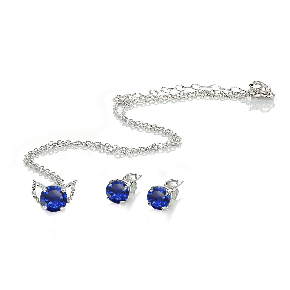 Sterling Silver Created Blue Sapphire Round Solitaire Choker Necklace and Stud Earrings Set-2