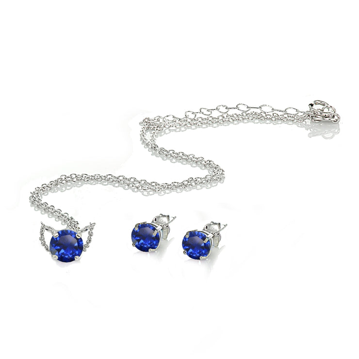 Sterling Silver Created Blue Sapphire Round Solitaire Choker Necklace and Stud Earrings Set