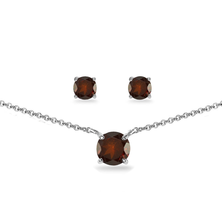 Sterling Silver Garnet Round Solitaire Choker Necklace and Stud Earrings Set
