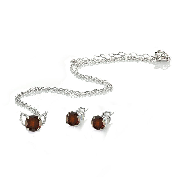 Sterling Silver Garnet Round Solitaire Choker Necklace and Stud Earrings Set