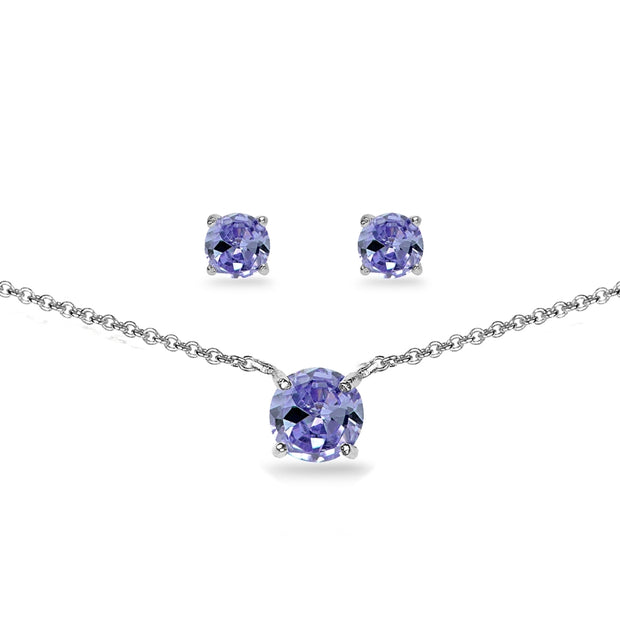 Sterling Silver Created Tanzanite Round Solitaire Choker Necklace and Stud Earrings Set