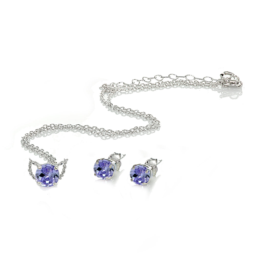 Sterling Silver Created Tanzanite Round Solitaire Choker Necklace and Stud Earrings Set-2