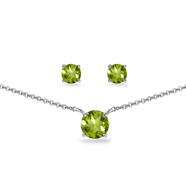 Sterling Silver Peridot Round Solitaire Choker Necklace and Stud Earrings Set