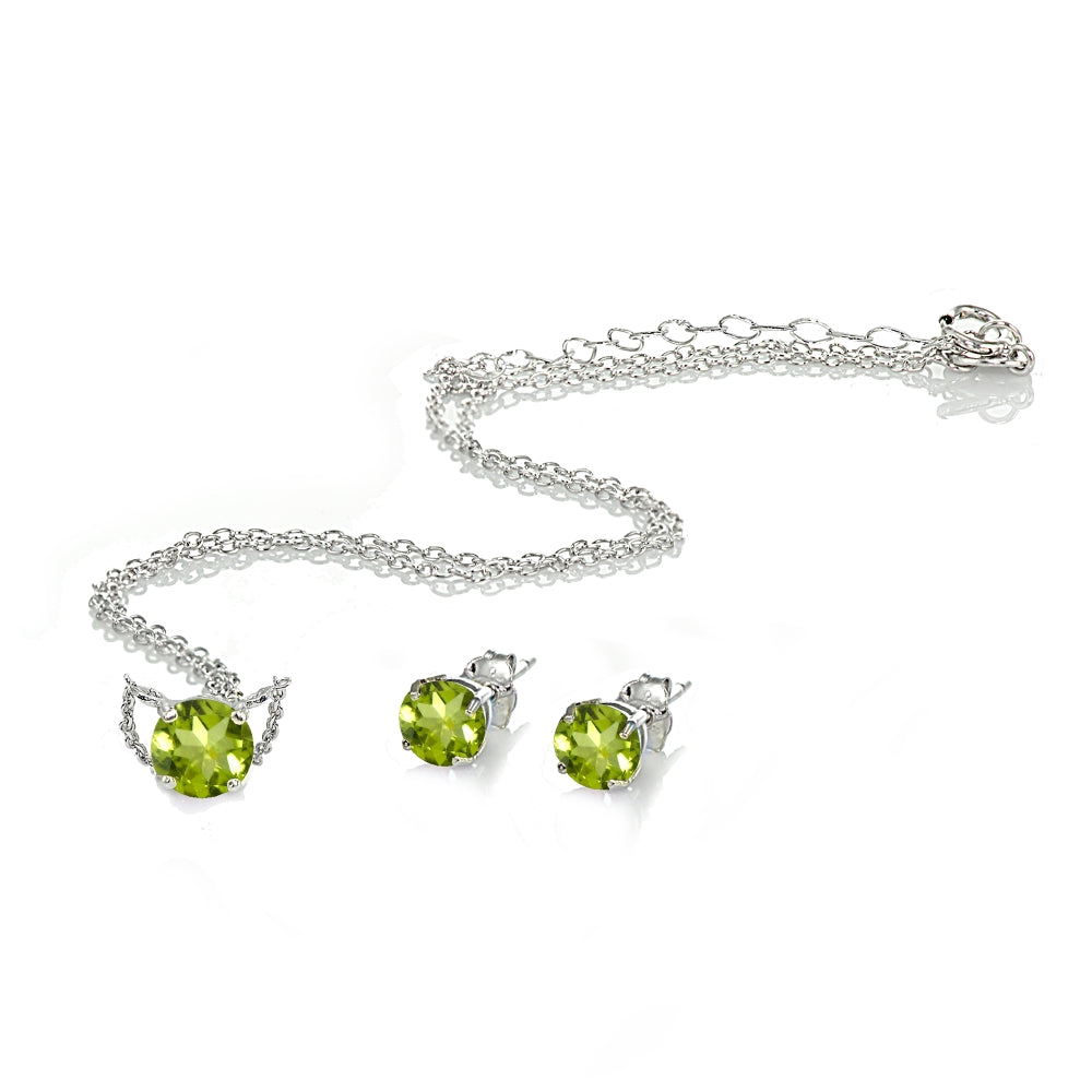 Sterling Silver Peridot Round Solitaire Choker Necklace and Stud Earrings Set-2