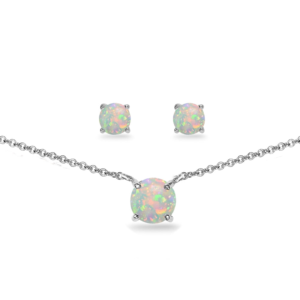 Sterling Silver Created Opal Round Solitaire Choker Necklace and Stud Earrings Set