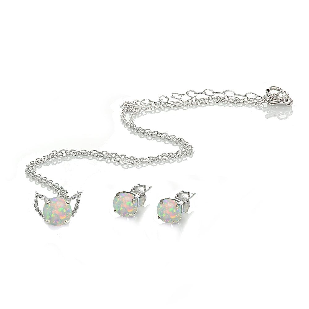 Sterling Silver Created Opal Round Solitaire Choker Necklace and Stud Earrings Set-2