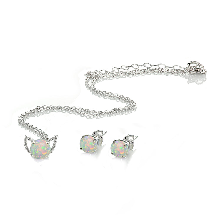 Sterling Silver Created Opal Round Solitaire Choker Necklace and Stud Earrings Set