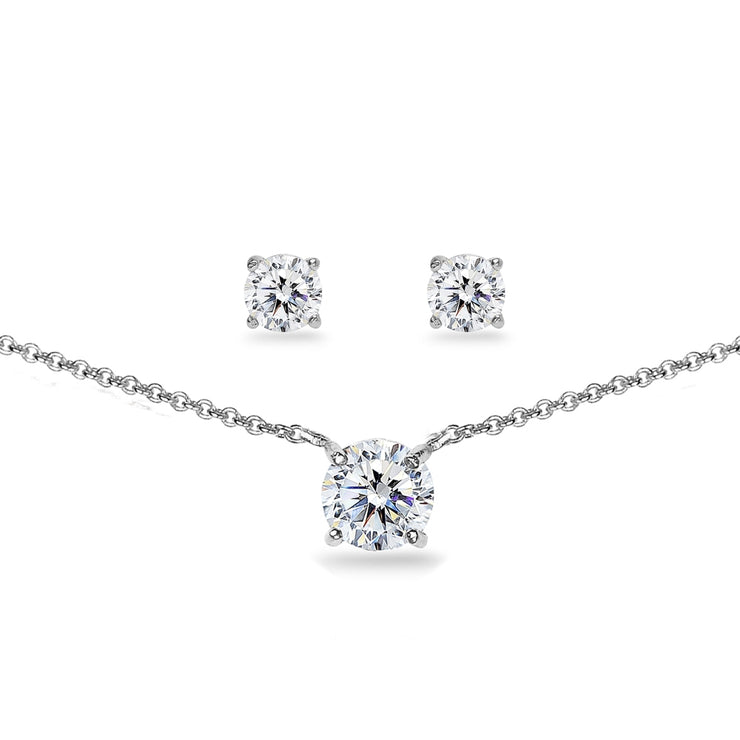 Sterling Silver Cubic Zirconia Round Solitaire Choker Necklace and Stud Earrings Set