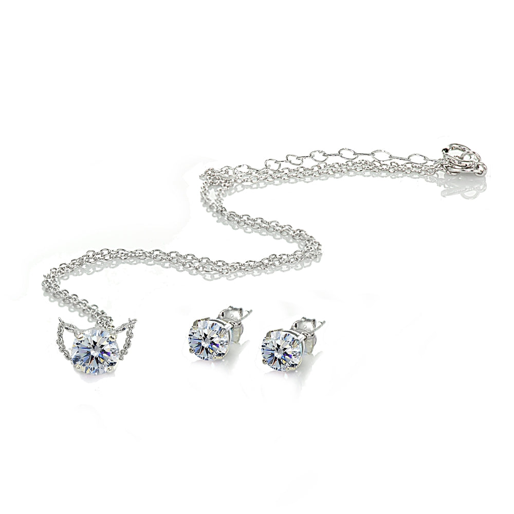 Sterling Silver Cubic Zirconia Round Solitaire Choker Necklace and Stud Earrings Set-2