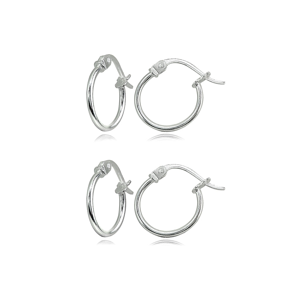 2 Pair Set Sterling Silver Tiny Small 12mm High Polished Round Thin Lightweight Unisex Hoop Earrings