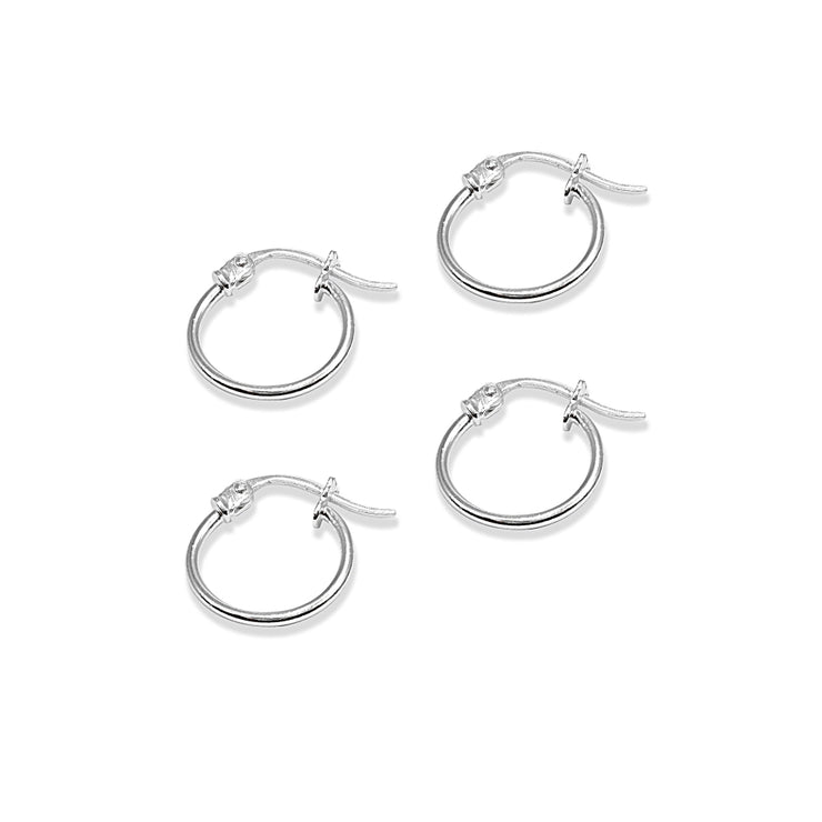 2 Pair Set Sterling Silver Tiny Small 12mm High Polished Round Thin Lightweight Unisex Hoop Earrings