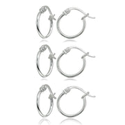 3 Pair Set Sterling Silver Tiny Small 12mm High Polished Round Thin Lightweight Unisex Hoop Earrings