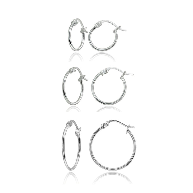 3 Pair Set Sterling Silver Polished Round Thin Hoop Earrings, 12mm, 15mm, 20mm