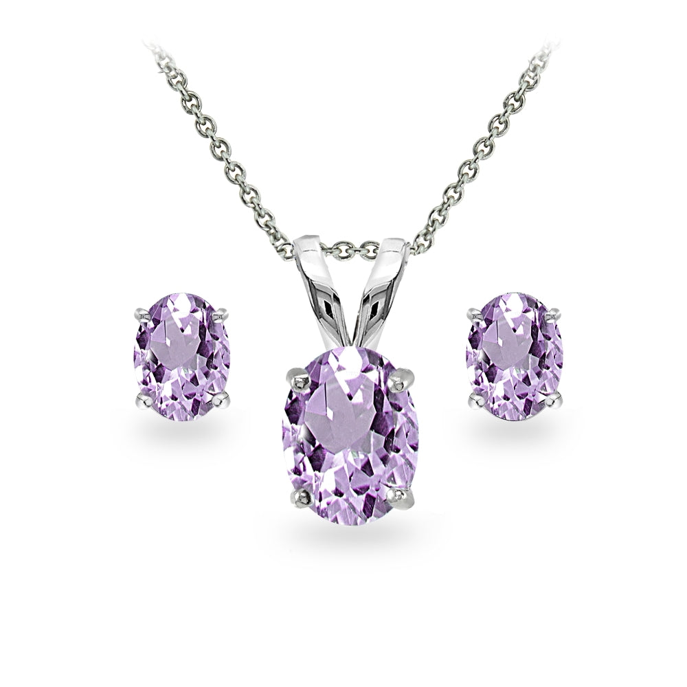 Sterling Silver Amethyst Oval-cut Solitaire Necklace and Stud Earrings Set