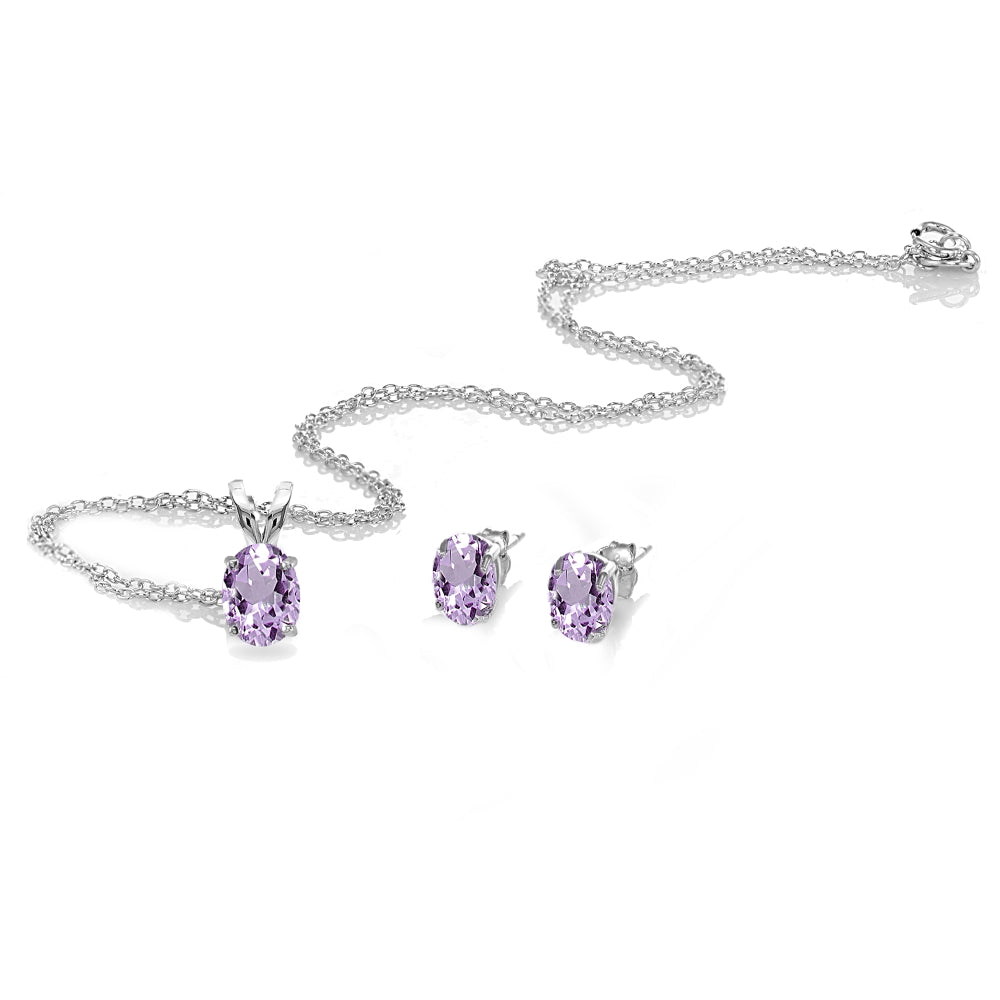 Sterling Silver Amethyst Oval-cut Solitaire Necklace and Stud Earrings Set-2