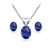 Sterling Silver Created Blue Sapphire Oval-cut Solitaire Necklace and Stud Earrings Set