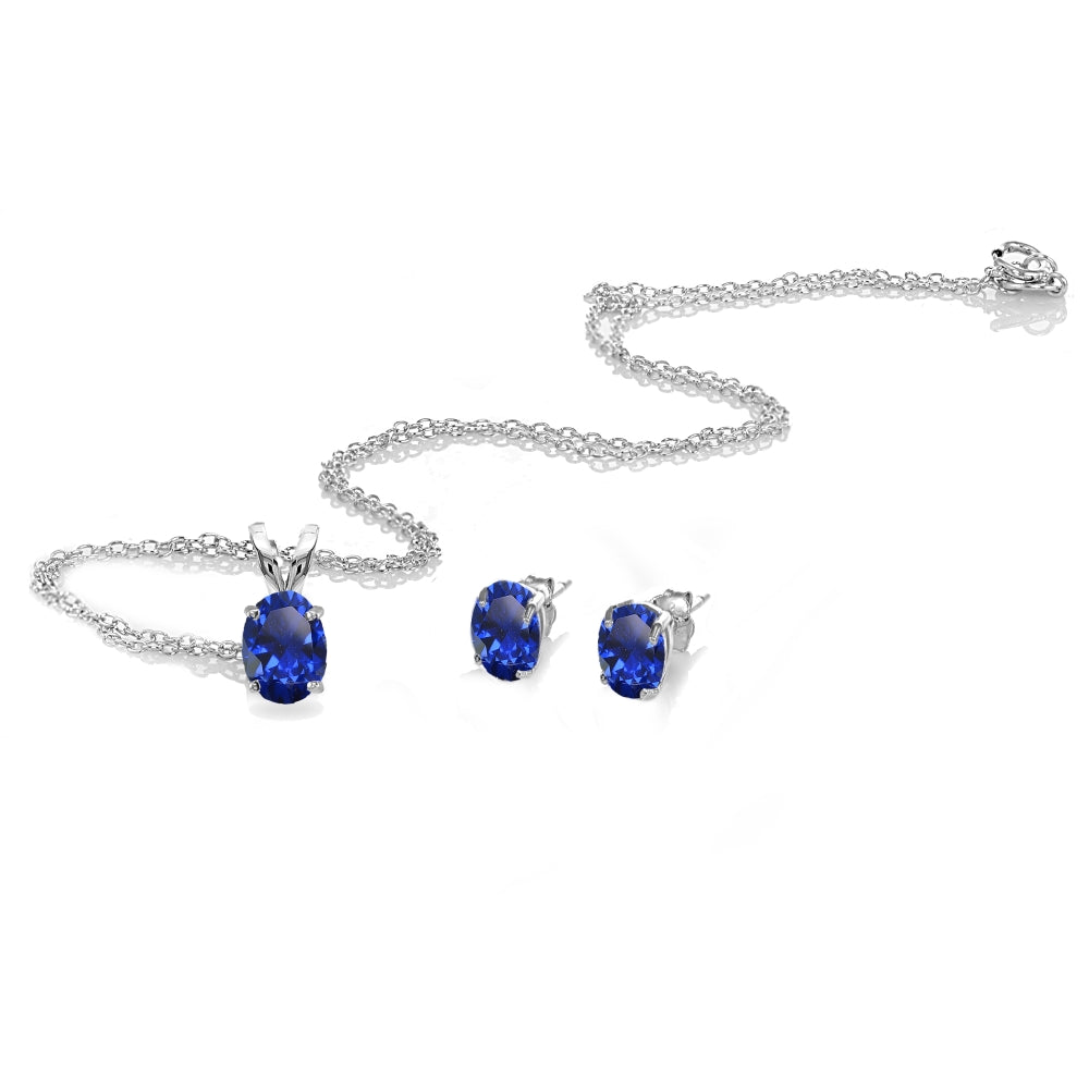 Sterling Silver Created Blue Sapphire Oval-cut Solitaire Necklace and Stud Earrings Set-2