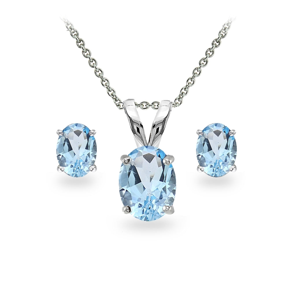 Sterling Silver Blue Topaz Oval-cut Solitaire Necklace and Stud Earrings Set