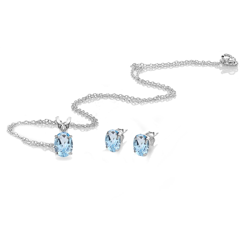 Sterling Silver Blue Topaz Oval-cut Solitaire Necklace and Stud Earrings Set-2