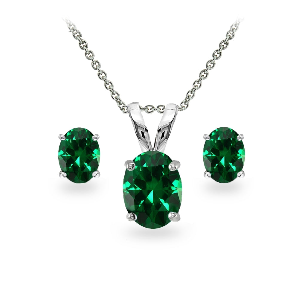 Sterling Silver Simulated Emerald Oval-cut Solitaire Necklace and Stud Earrings Set