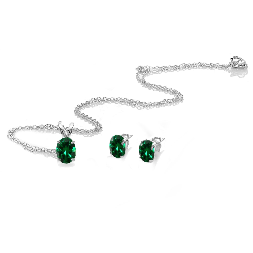 Sterling Silver Simulated Emerald Oval-cut Solitaire Necklace and Stud Earrings Set-2