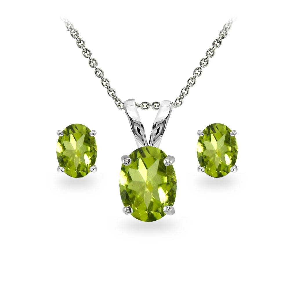 Sterling Silver Peridot Oval-cut Solitaire Necklace and Stud Earrings Set