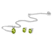 Sterling Silver Peridot Oval-cut Solitaire Necklace and Stud Earrings Set