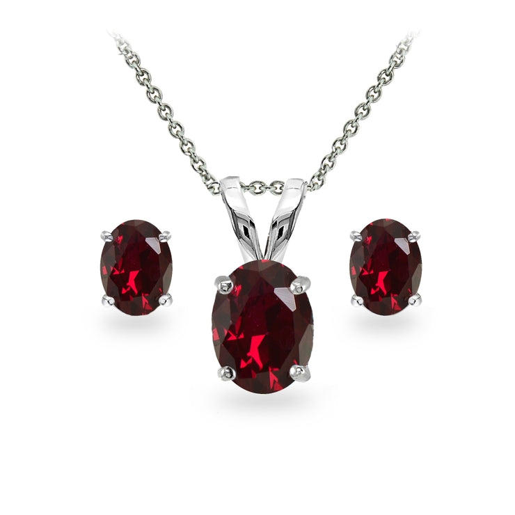 Sterling Silver Created Ruby Oval-cut Solitaire Necklace and Stud Earrings Set
