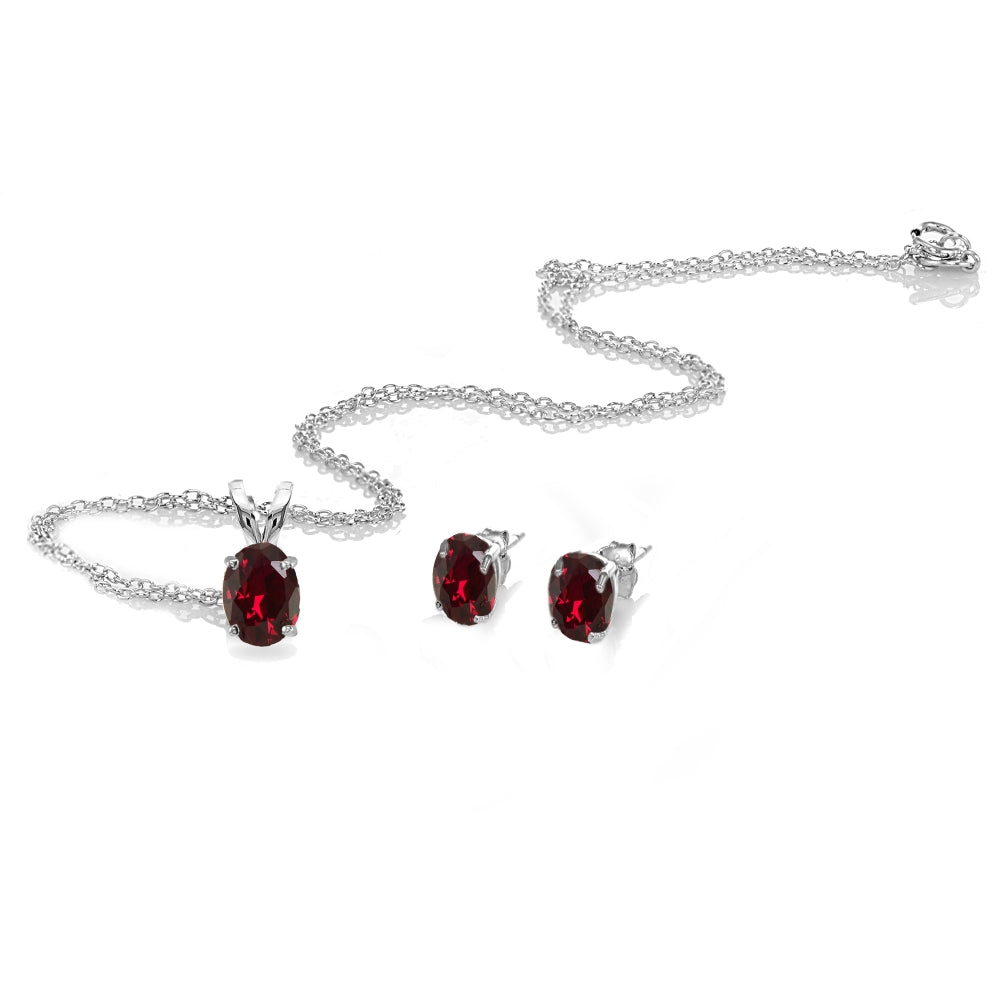 Sterling Silver Created Ruby Oval-cut Solitaire Necklace and Stud Earrings Set-2