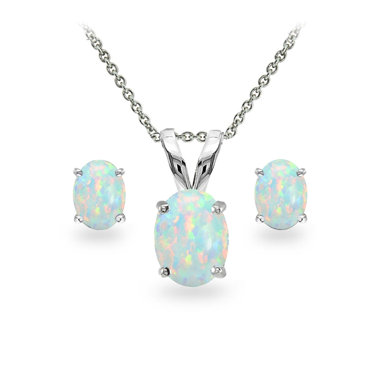 Sterling Silver Created White Opal Oval-cut Solitaire Necklace and Stud Earrings Set