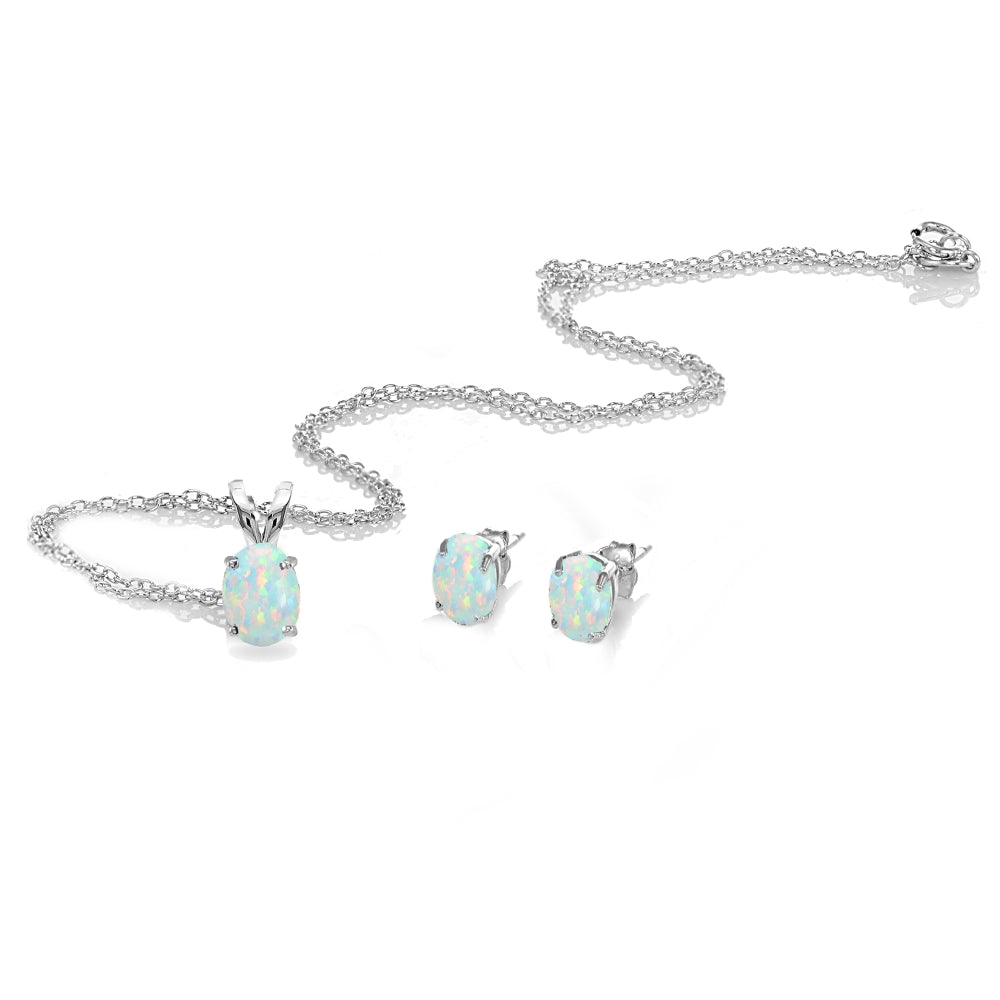 Sterling Silver Created White Opal Oval-cut Solitaire Necklace and Stud Earrings Set-2