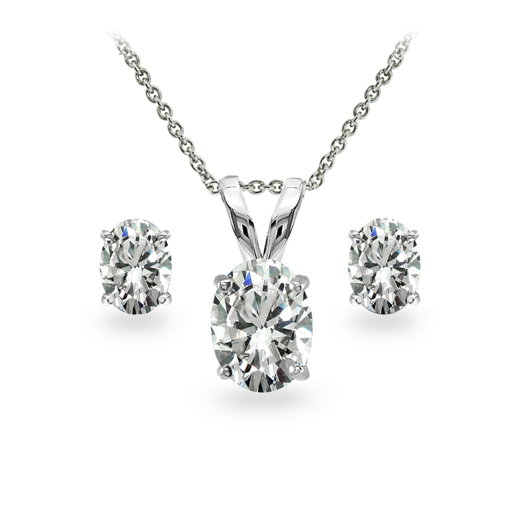 Sterling Silver Cubic Zirconia Oval-cut Solitaire Necklace and Stud Earrings Set