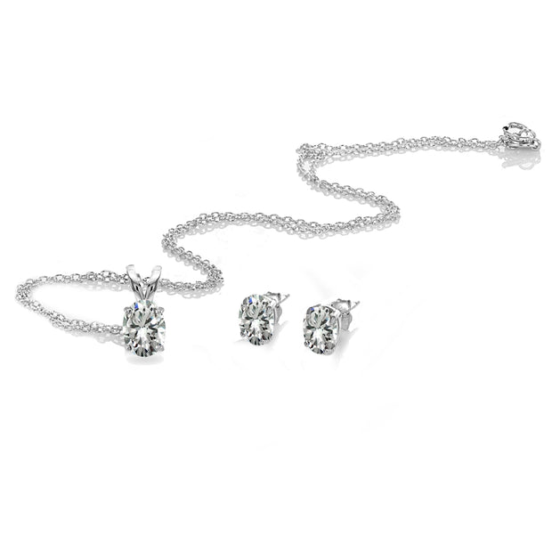 Sterling Silver Cubic Zirconia Oval-cut Solitaire Necklace and Stud Earrings Set