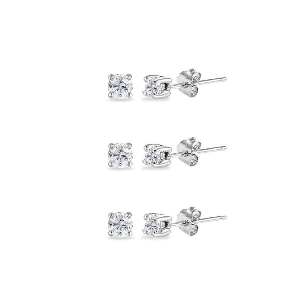 3-Pair Set Sterling Silver White Topaz 2.5mm Round Stud Earrings