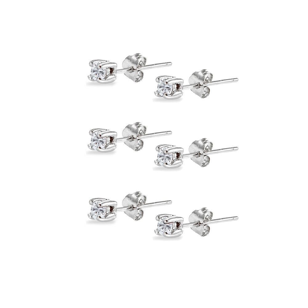 3-Pair Set Sterling Silver White Topaz 2.5mm Round Stud Earrings-2