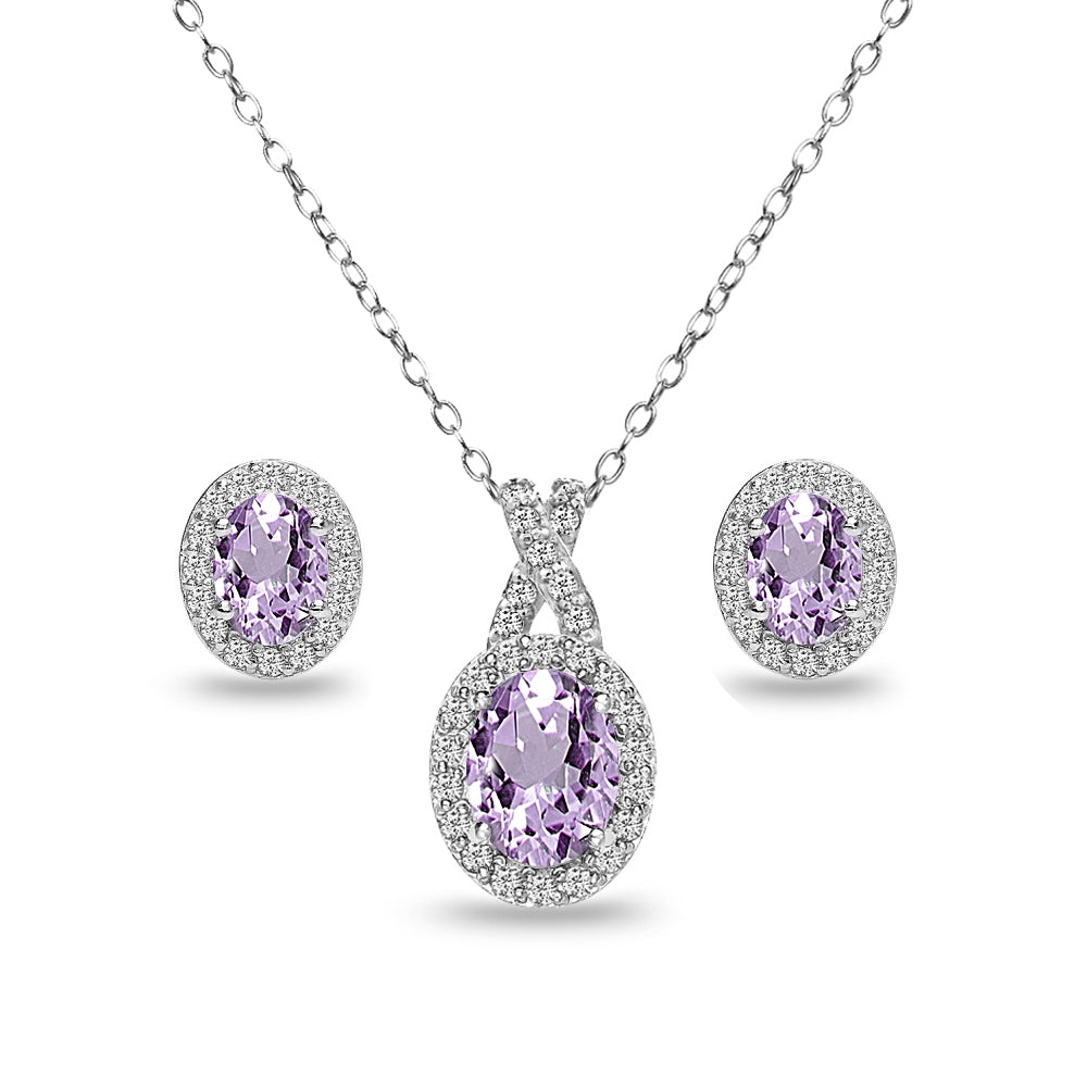 Sterling Silver Amethyst & White Topaz Oval Halo Necklace & Stud Earrings Set