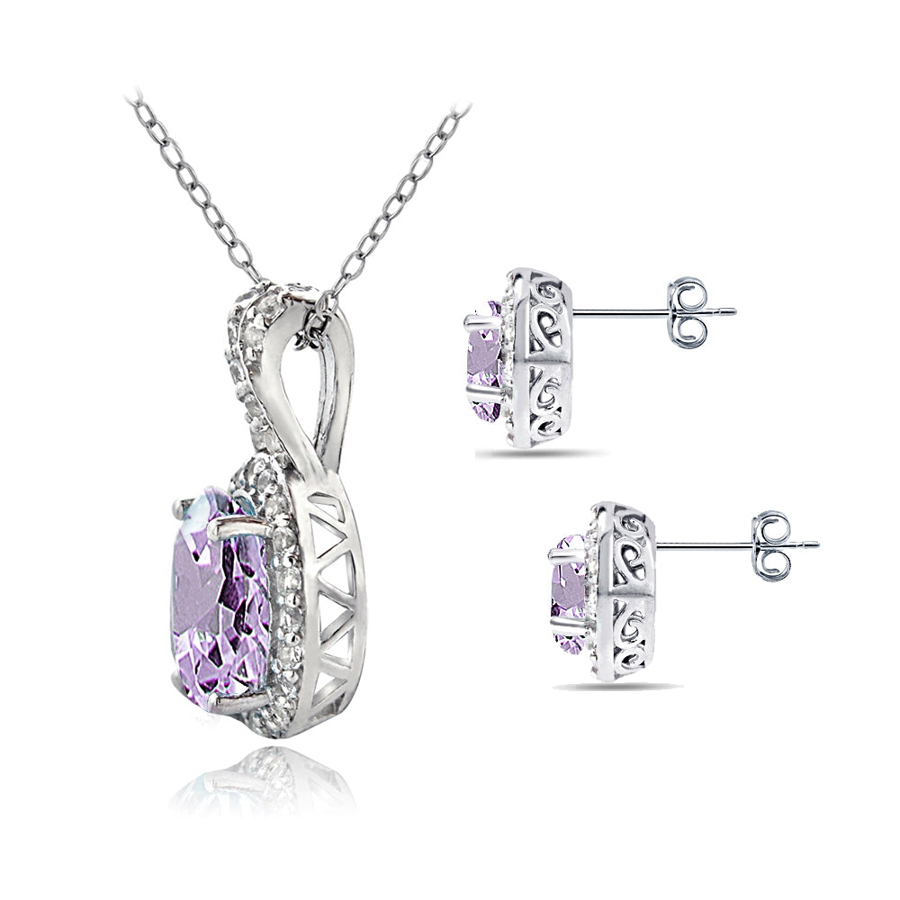 Sterling Silver Amethyst & White Topaz Oval Halo Necklace & Stud Earrings Set-2