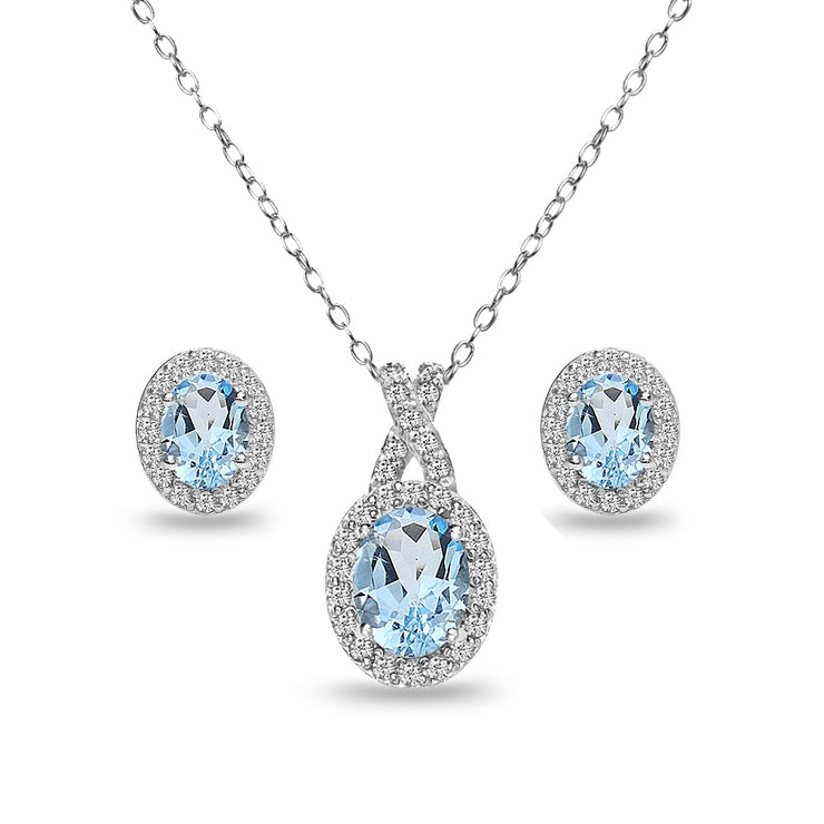 Sterling Silver Blue Topaz & White Topaz Oval Halo Necklace & Stud Earrings Set