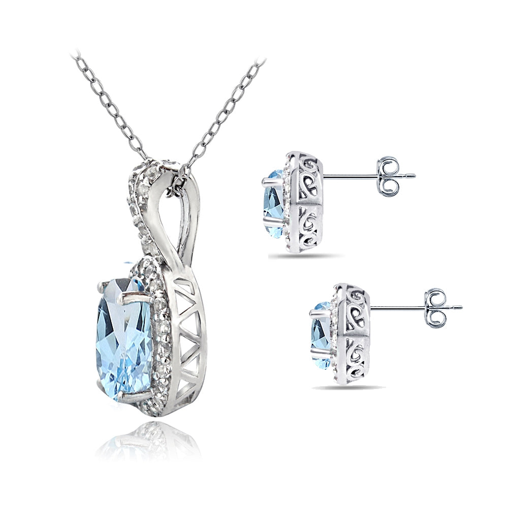 Sterling Silver Blue Topaz & White Topaz Oval Halo Necklace & Stud Earrings Set-2