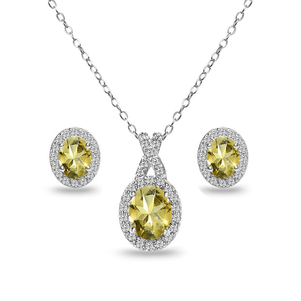 Sterling Silver Citrine & White Topaz Oval Halo Necklace & Stud Earrings Set