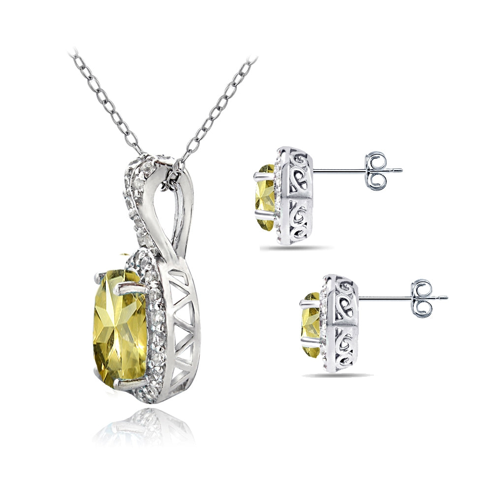 Sterling Silver Citrine & White Topaz Oval Halo Necklace & Stud Earrings Set-2