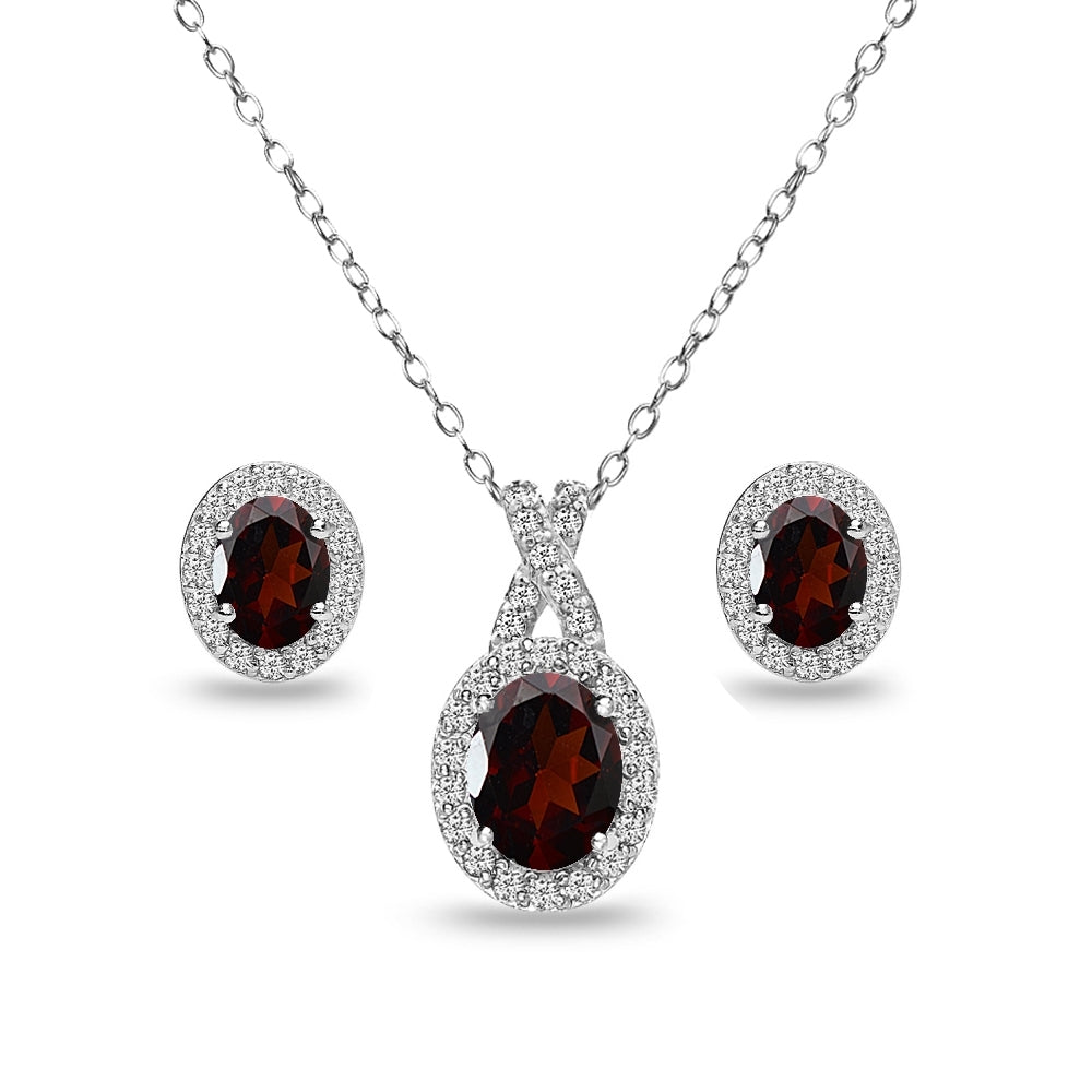 Sterling Silver Garnet & White Topaz Oval Halo Necklace & Stud Earrings Set