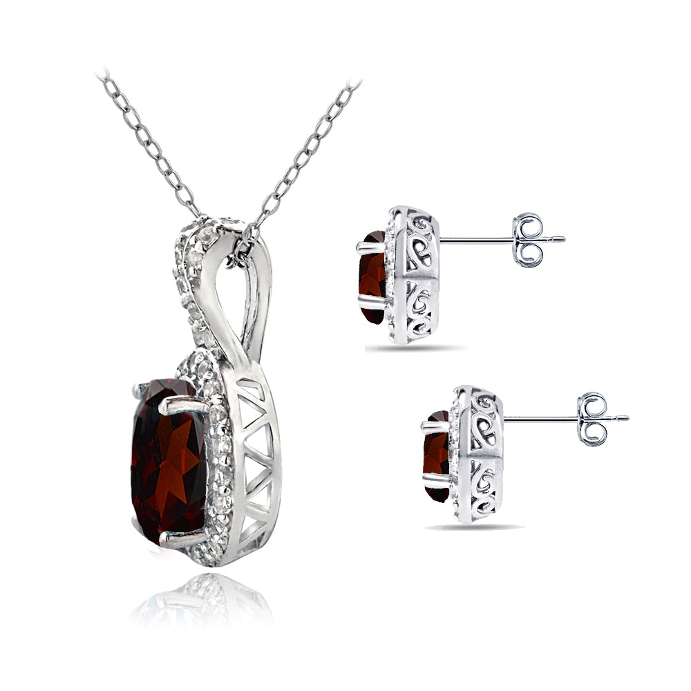 Sterling Silver Garnet & White Topaz Oval Halo Necklace & Stud Earrings Set-2