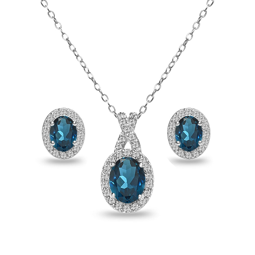 Sterling Silver London Blue Topaz & White Topaz Oval Halo Necklace & Stud Earrings Set
