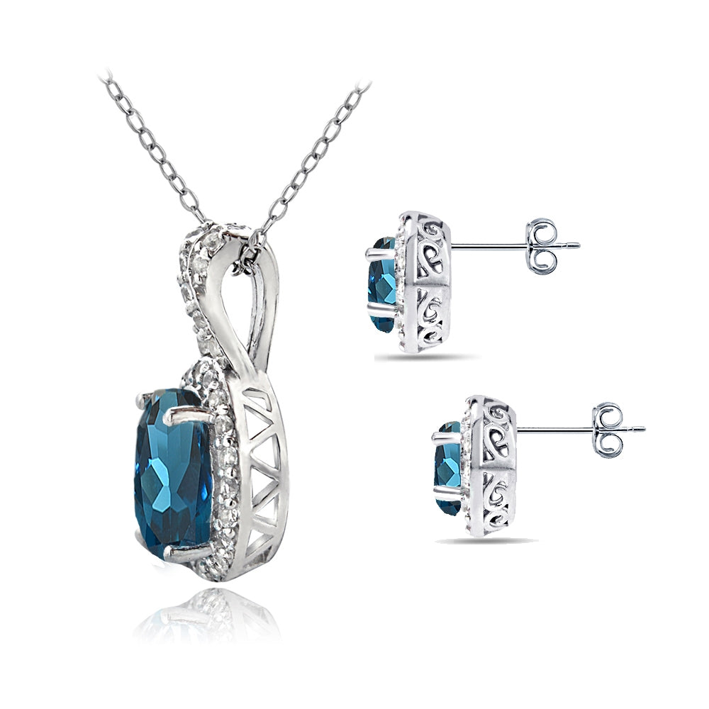 Sterling Silver London Blue Topaz & White Topaz Oval Halo Necklace & Stud Earrings Set-2