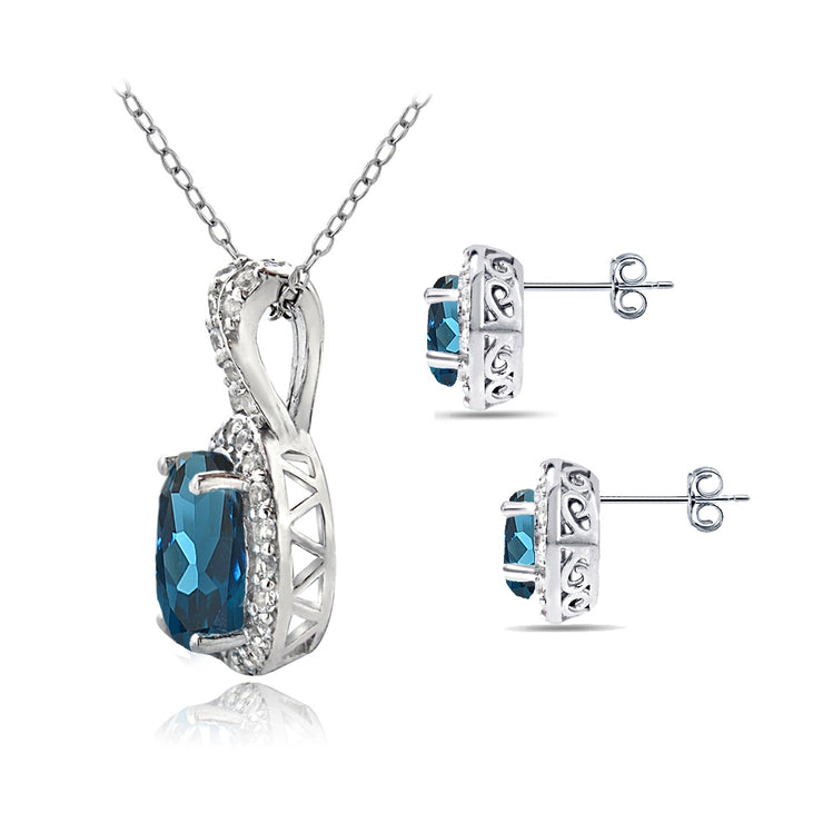 Sterling Silver London Blue Topaz & White Topaz Oval Halo Necklace & Stud Earrings Set